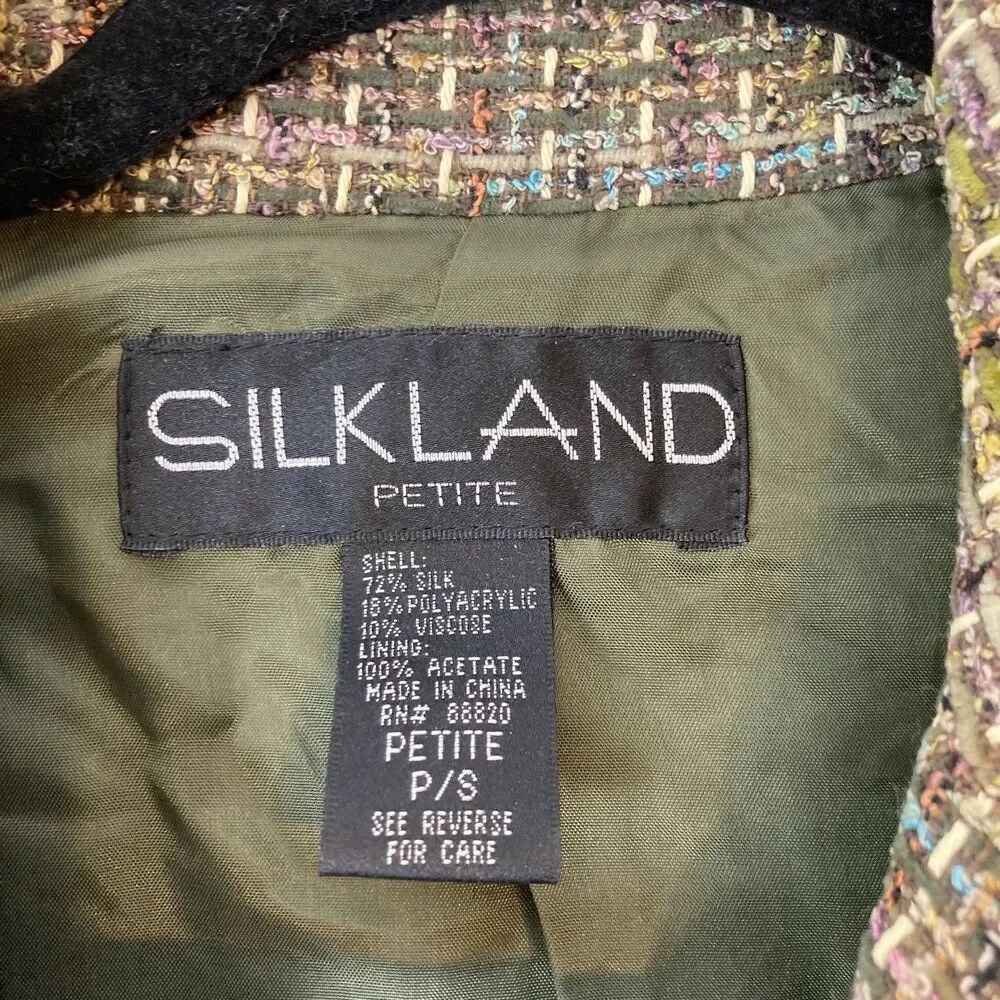Vintage Silkland Blazer Green Plaid Tweed Petite Small Silk Blend One button NWT
